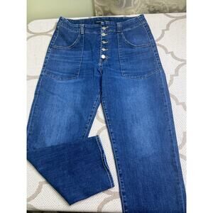 Veronica Beard Arya Straight High Rise button fly bright blue jeans, size 32/14